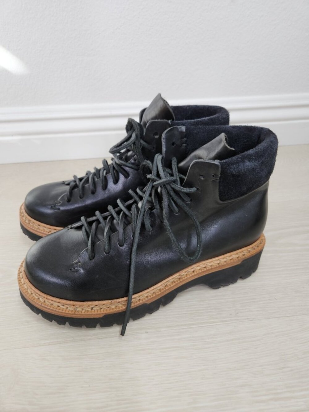 Feit Black Utility Hiker Boots Womens Size 37 US 7 Genuine Leather Handmade
